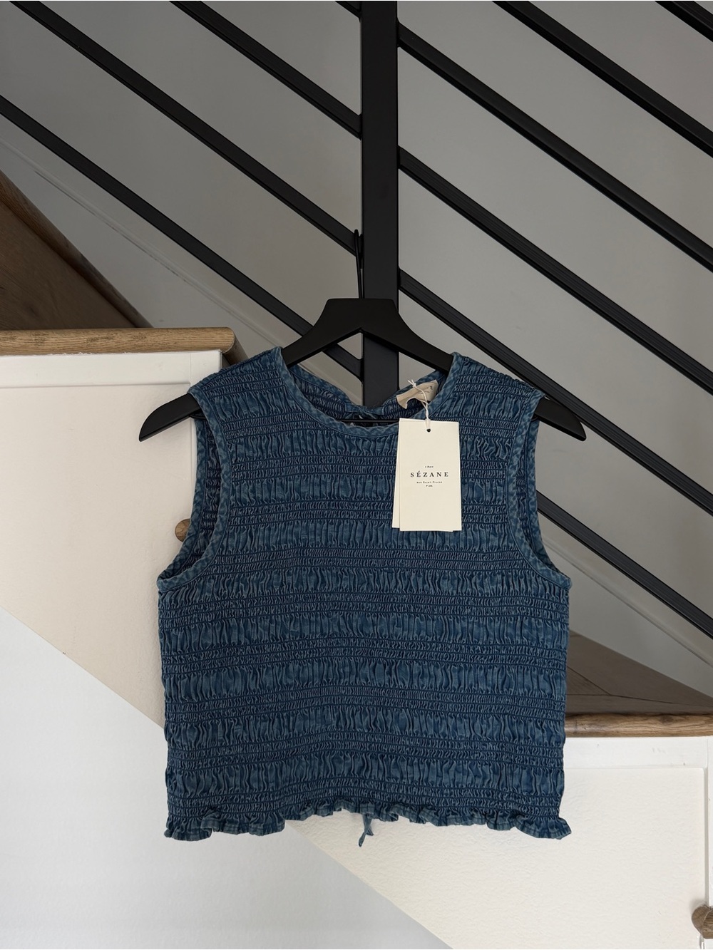 NWT Sézane Rhys Blouse Dark Blue Smocked Top
